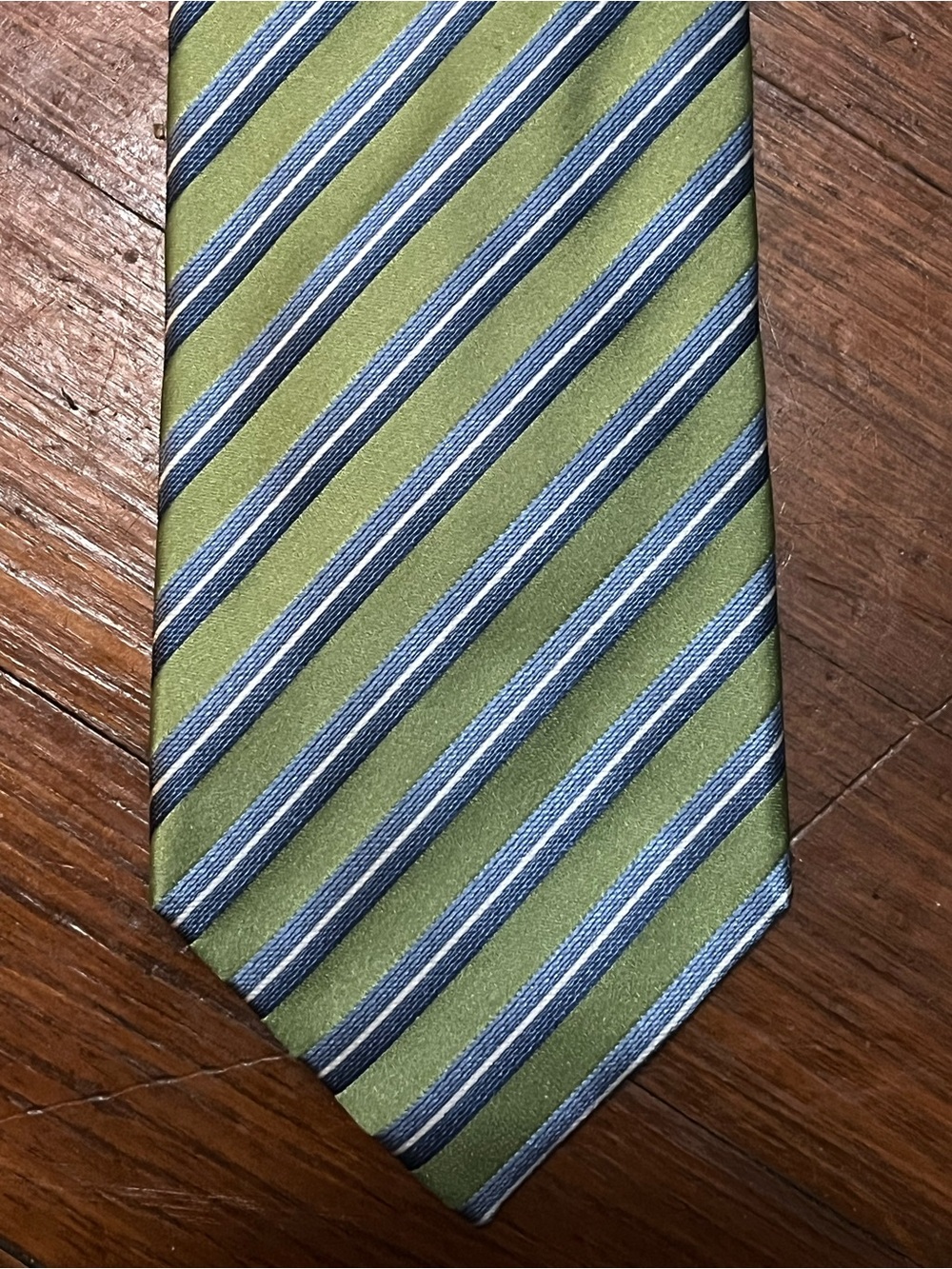 Geoffrey Beene Green Tie with Blue and White Diagonal Stripes 100% Silk